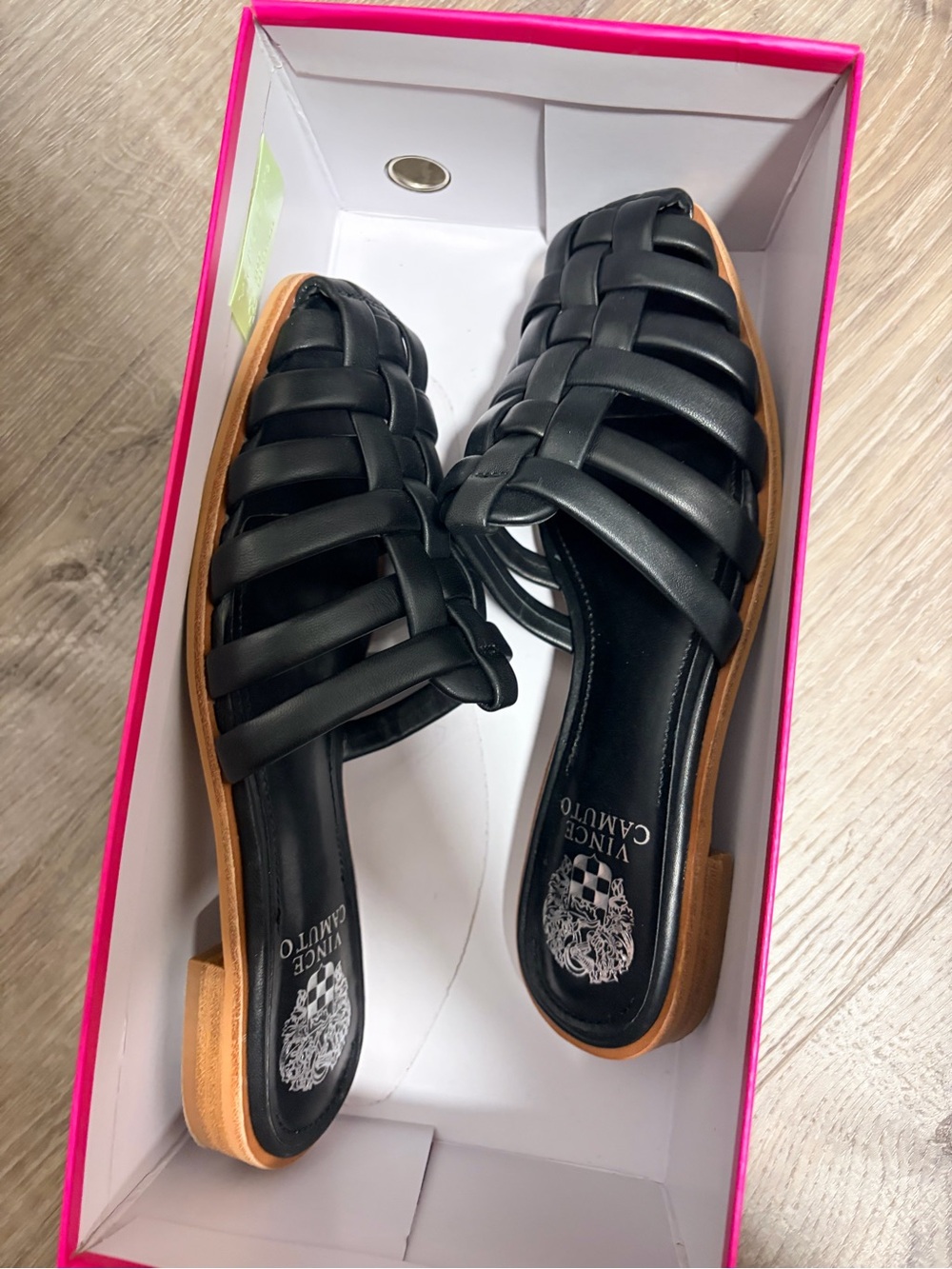 Vince Camuto Black Woven Leather Slide Mules with Tan Sole